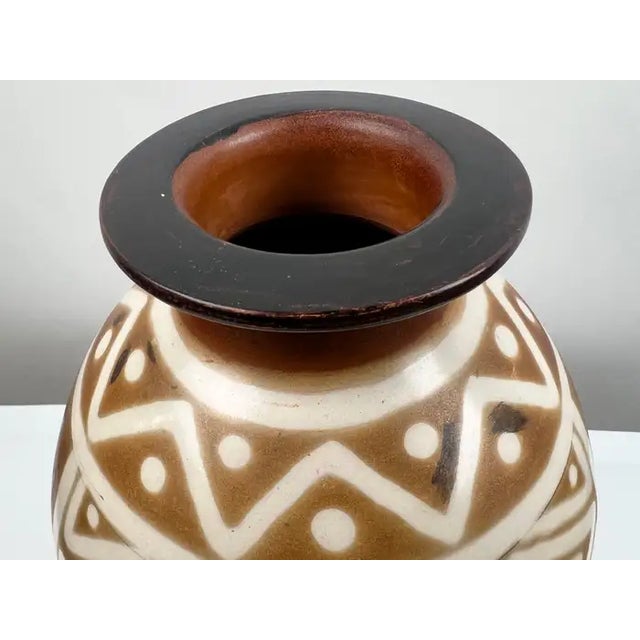 Studio Pottery Brown & Off White Vase W Tribal-Inspired Geometric Motifs Signed For Sale - Image 4 of 13