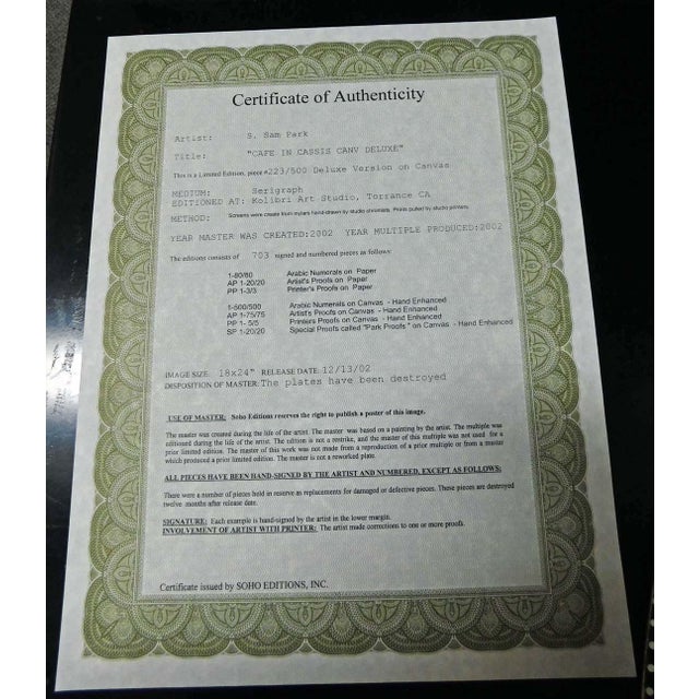 2000 - 2009 s.sam Park "Cafe in Cassis" Giclee on Canvas Framed Hand Signed Art For Sale - Image 5 of 8