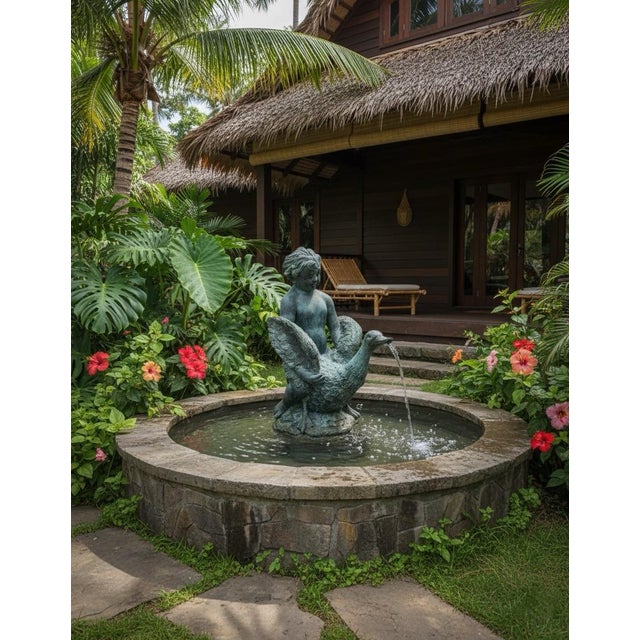 Metal Vintage Neoclassical Spelter "Boy With Goose" Garden Fountain For Sale - Image 7 of 9