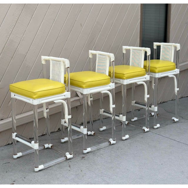 1970s 1970s Organic Modern Lucite and White Rattan Barstools With Cane Backs - Set of 4 For Sale - Image 5 of 11