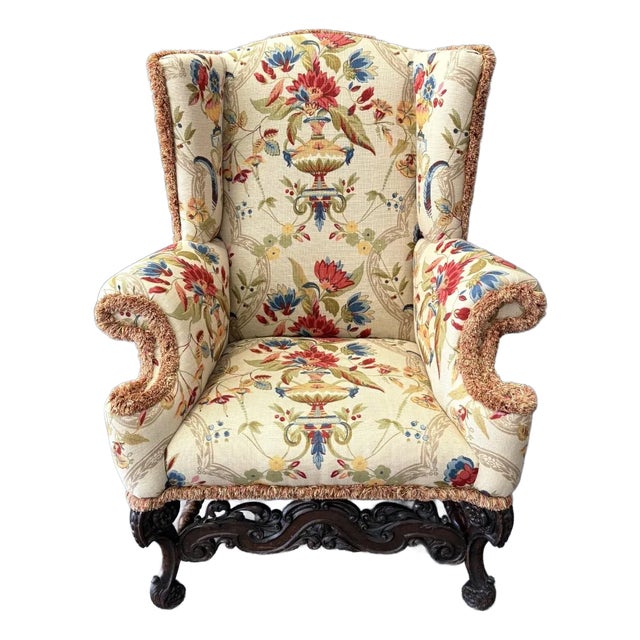 Early 1800s Wingback Arm Chair With Floral Motif For Sale