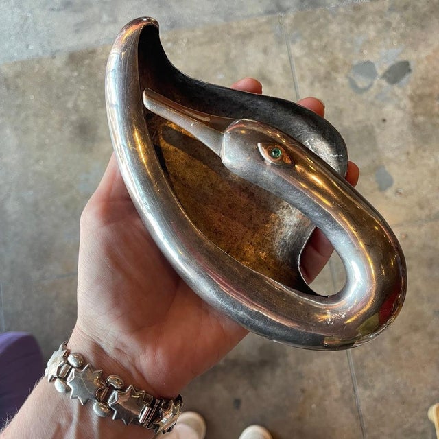 High Quality Hammered Silver-plate Swan Dish with precious stone eye, from Mexico circa 1940's-50's. Los Castillo maker's...