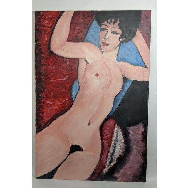 Mid 20th Century Large Modernist Reclining Female Nude Original Oil Painting on Canvas, Mid-20th Century For Sale - Image 5 of 13