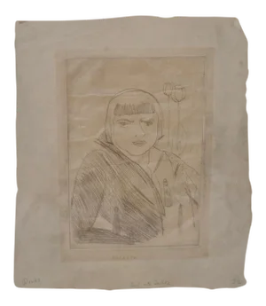 Etching "Girl at Table" with Tulips c.1930s