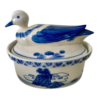 1980s Blue & White Export Duck Tureen For Sale
