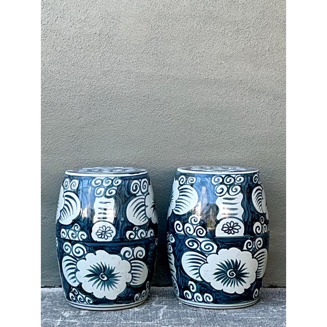 Ink Blue Vintage Glazed Ceramic Floral Garden Stools - A Pair For Sale - Image 8 of 12