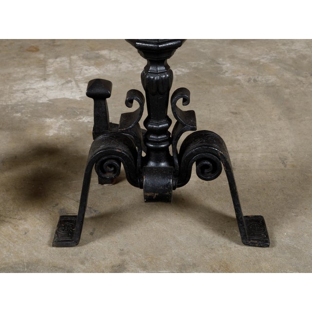 Metal Pair of English Turn of the Century Iron Andirons with Foliage and Guilloches For Sale - Image 7 of 11