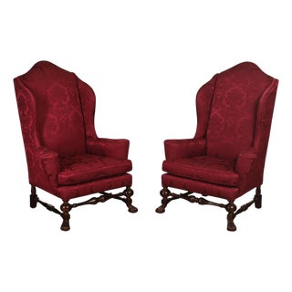 Baker Stately Homes Collection Pair of Carved Wingback Armchairs For Sale