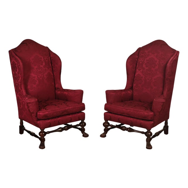 Baker Stately Homes Collection Pair of Carved Wingback Armchairs For Sale