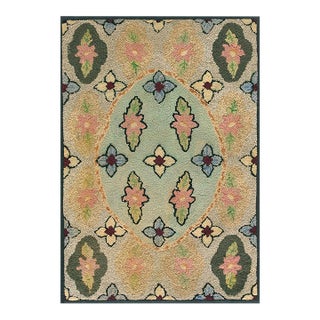Wonderful Tan Beige Color With Flowery and Oval Patters Desing Antique American Hooked Rug For Sale