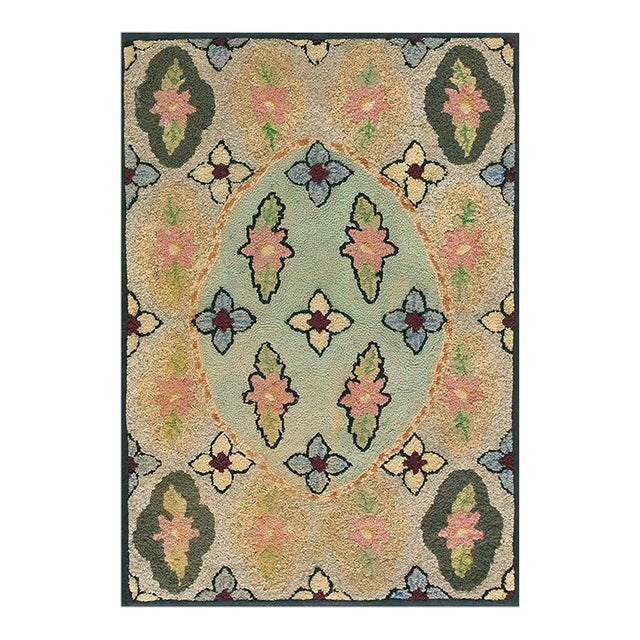 Wonderful Tan Beige Color With Flowery and Oval Patters Desing Antique American Hooked Rug For Sale