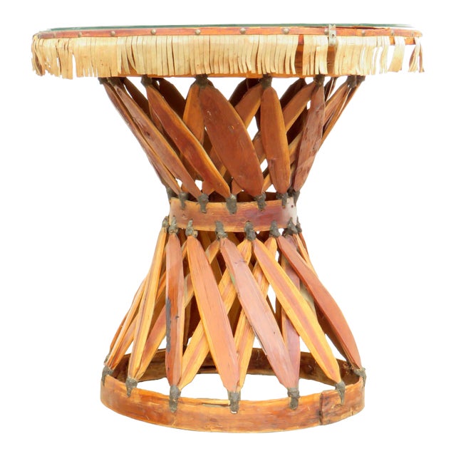 Vintage Rustic Mexican Equipale Table With Painted Top & Glass For Sale