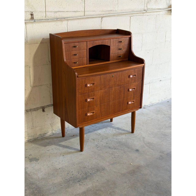 Teak Brown Vanity Desk Secretary Bureau Combo Storage Cabinet Denmark 1960s For Sale - Image 10 of 10