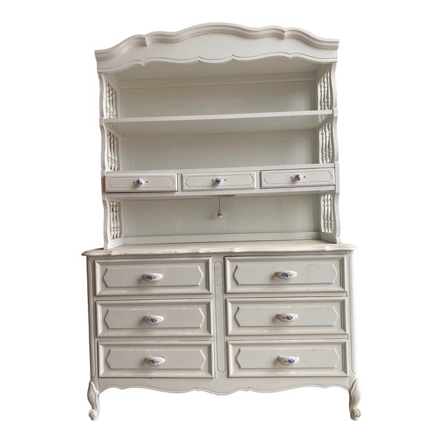 Furniture; Beautiful French Country White, Solid Hardwood, Tall & Wide Dresser Base With Hutch Top Piece For Sale