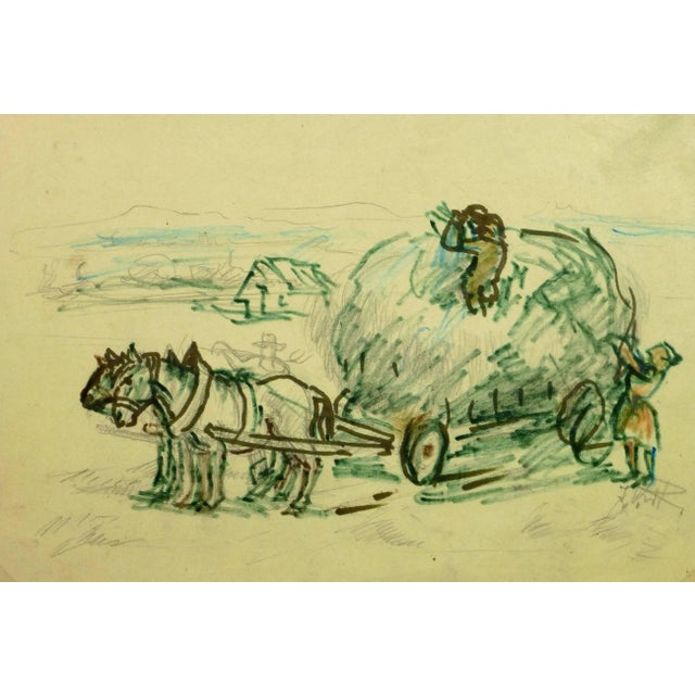 1960s Irmgarg Von Reppert, Horses and Hay Wagon Ink Drawing For Sale - Image 5 of 5