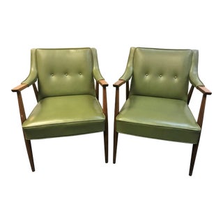 Vintage Mid Century Modern Original Avocado Green Leatherette Arm Chairs - a Pair For Sale