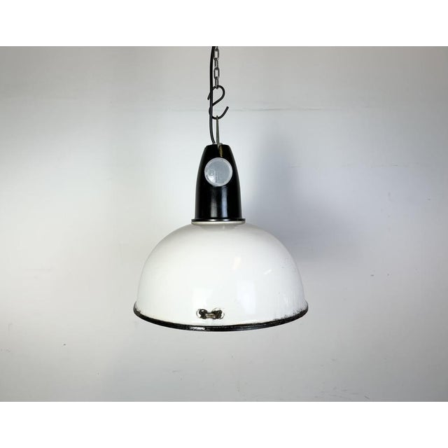 - Vintage Industrial factory light from the 1960s - Made in Ukraine in former Soviet Union - White enamel shade - Bakelite...