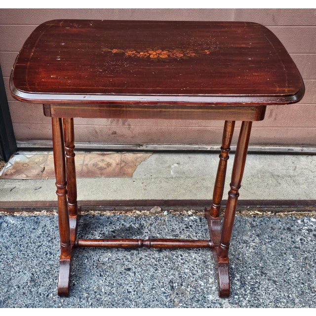 Wood Antique Cherry Stained and Flower Decorated Side Table For Sale - Image 7 of 9