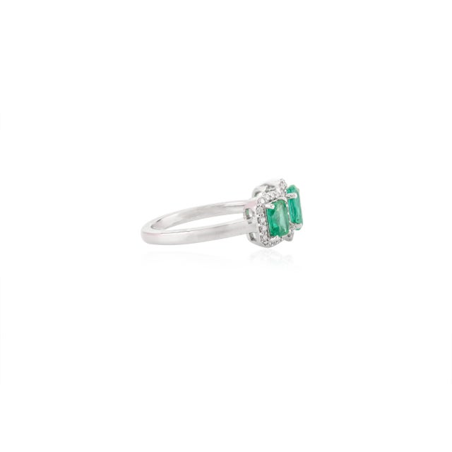 Not Yet Made - Made To Order Natural Three Stone Emerald Halo Diamond Wedding Ring Size 7 in 14k White Gold For Sale - Image 5 of 13
