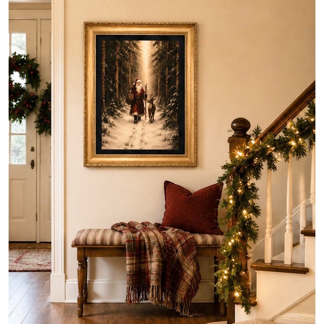 Large Santa & Reindeer Christmas Canvas Print in Gilded Wood Frame, 36” For Sale - Image 9 of 11