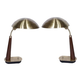 Pair of 1990s Nautical Brass and Teak Ship's Desk Lights For Sale