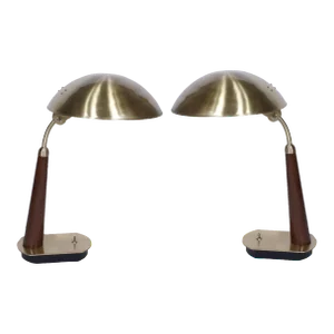 Pair of 1990s Nautical Brass and Teak Ship's Desk Lights