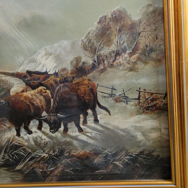 19th C Scottish Highland Cattle Oil on Canvas Painting Framed For Sale In Raleigh - Image 6 of 10