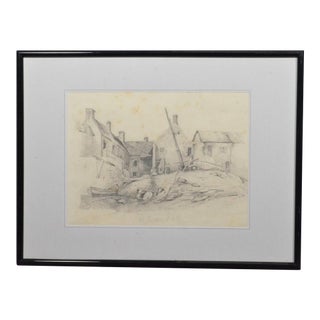 French School 1840 Antique Pencil Drawing of a Coastal Village and Fishing Boats For Sale