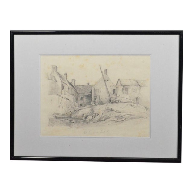 French School 1840 Antique Pencil Drawing of a Coastal Village and Fishing Boats For Sale