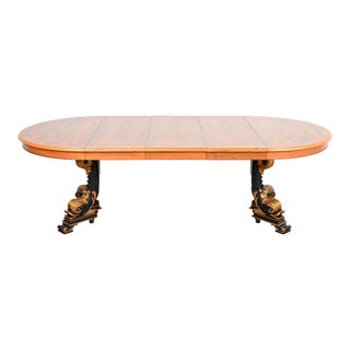 Karges Regency Burled Walnut Dolphin Base Pedestal Extension Dining Table, Newly Restored For Sale