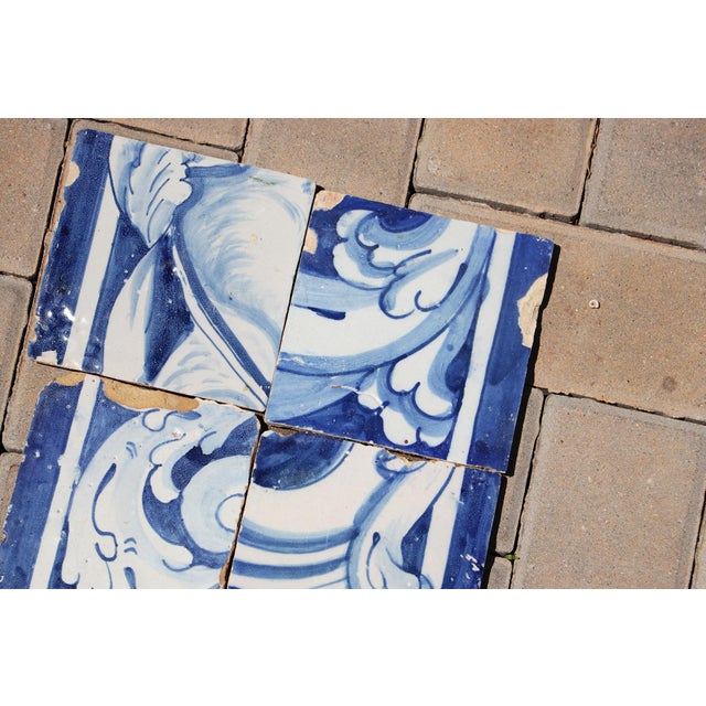 Baroque Antique 18th Century Portuguese Blue & White Tiles Featuring Ornamental Acanthus Curves Set of 6 For Sale - Image 3 of 8