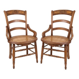 Pair of Late Victorian Early Edwardian Cane Seat Chairs With Carved Tulip Motif For Sale