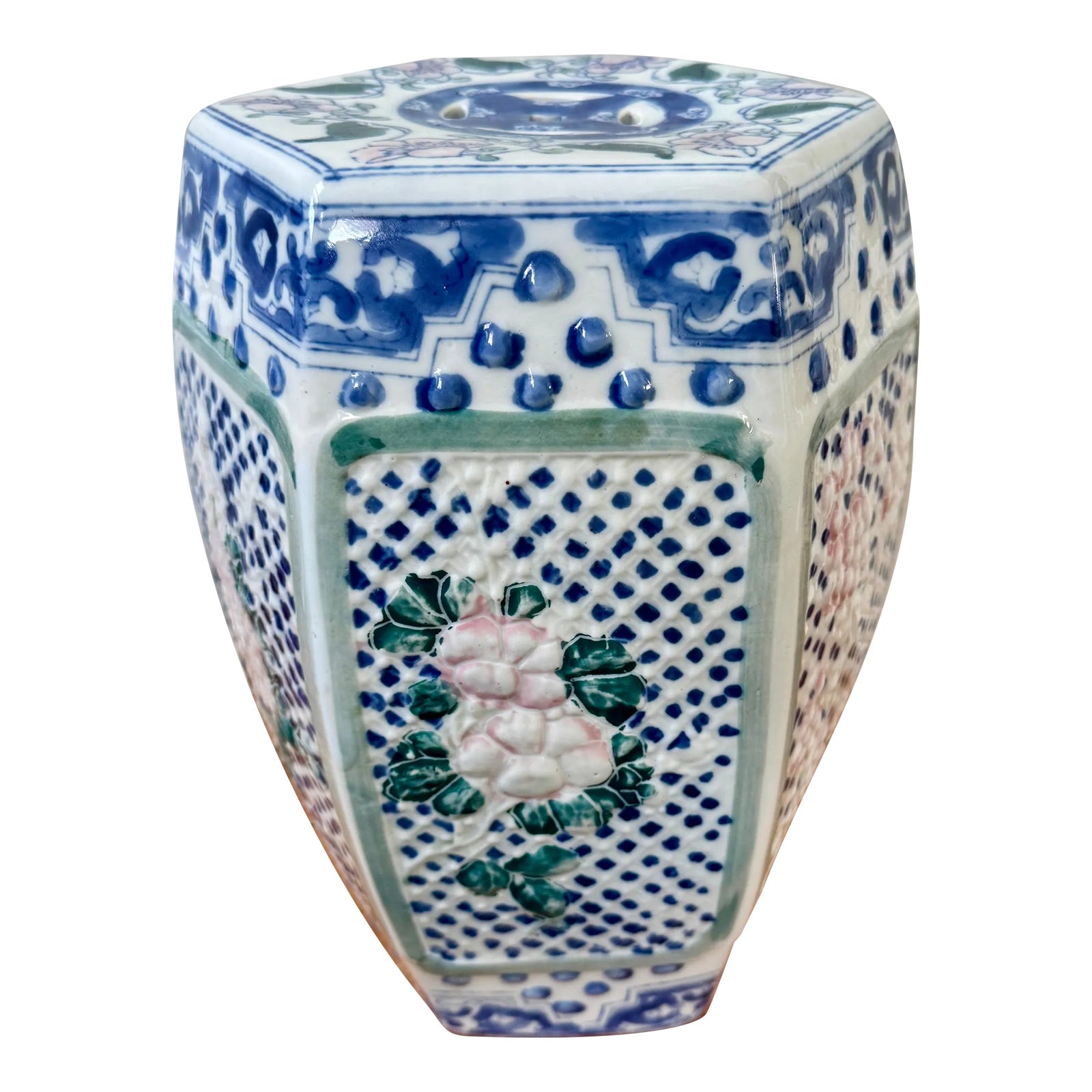 Vintage Blue Accent Chinoiserie Garden Stool | Chairish