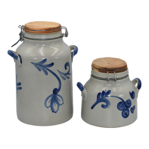 1950s Gerzit Gerz German Cobalt Blue Salt Glaze Lidded Stoneware Set Handgemalt Crocks- Set of 2