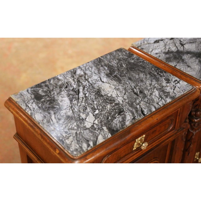 Pair of 19th Century French Louis XV Marble Top Carved Walnut Nightstands For Sale - Image 12 of 13