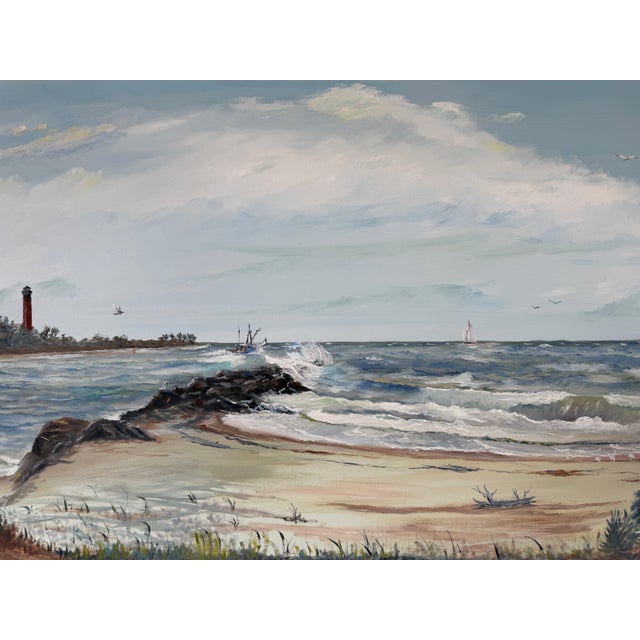 Vintage Cosman Coastal Lighthouse Impressionist Oil Painting on Masonite Board – Framed For Sale - Image 12 of 18