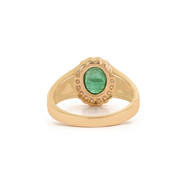 Vintage-Inspired Oval Emerald Diamond Halo Signet Ring Size 4 in 14k Yellow Gold For Sale - Image 9 of 17
