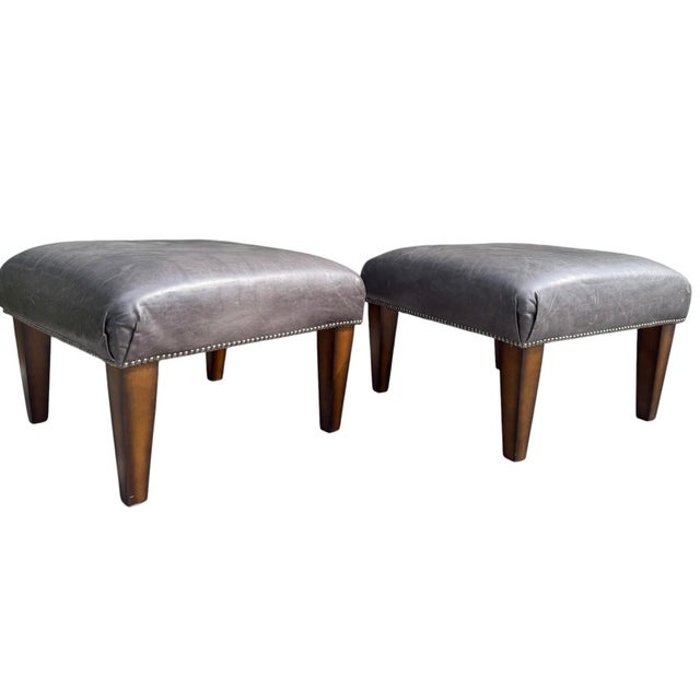 Contemporary King Hickory Gray Leather Nailhead Ottomans, a Pair For Sale - Image 3 of 12