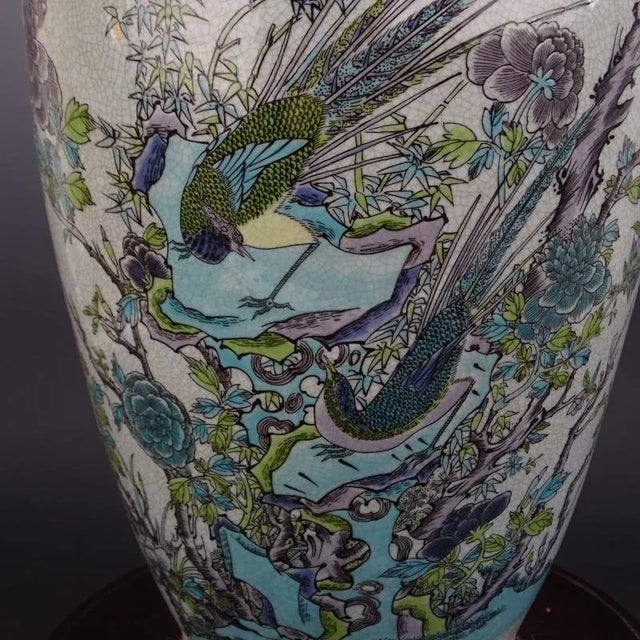 Ceramic Chinese Vintage Porcelain Vase Qing Dynasty Qianlong Marked Crackle Glaze Famille Verte Porcelain Vase Hand Painted Flowers and Birds Pattern For Sale - Image 7 of 8