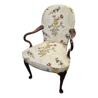 Mahogany Queen Ann Style Chair With Shepards Crook Arms and Custom Scalmandre Silk Upholstery For Sale
