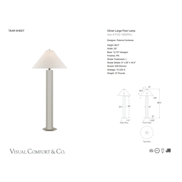 Paloma Contreras by Visual Comfort Signature Olivier Large Floor Lamp in Polished Nickel with Linen Shade Designer: Paloma...