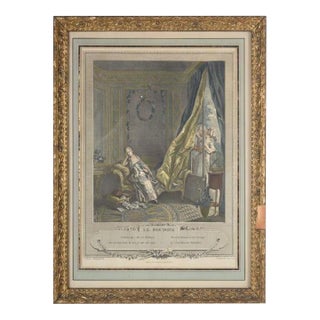 Antique Hand-Colored Engraving "Le Boudoir," P. Malœuvre After Freudenberg, 1774, Carved Giltwood Frame For Sale