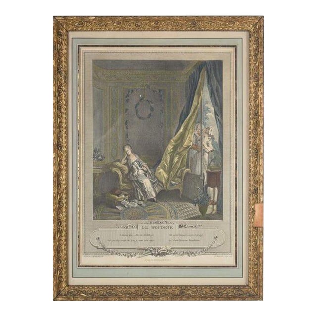 Antique Hand-Colored Engraving "Le Boudoir," P. Malœuvre After Freudenberg, 1774, Carved Giltwood Frame For Sale