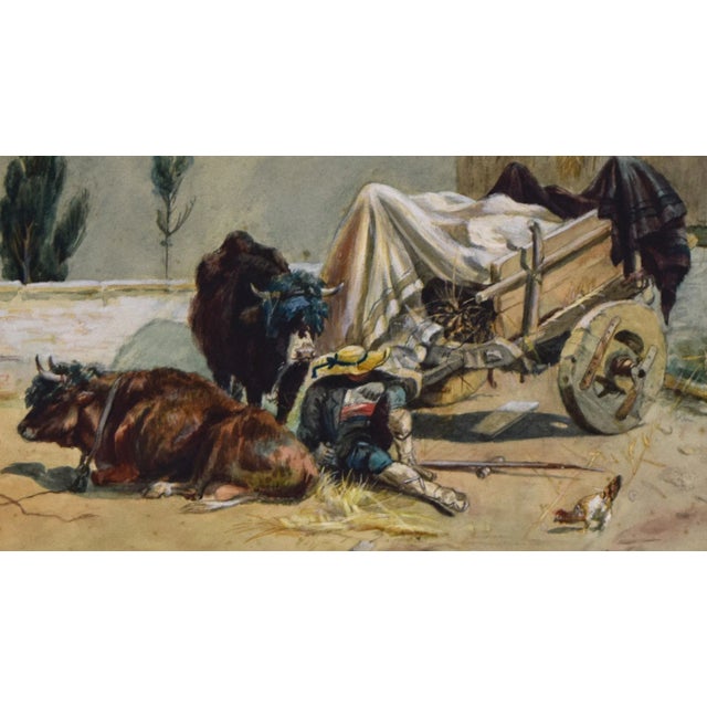 19th Century 19th C. Antique Rustic Italian Bucolic Watercolor Painting of a Man Resting With Oxen For Sale - Image 5 of 6