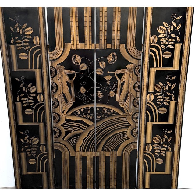 Art Deco Four-Panel Black Lacquer & Gilt Screen, Attributed to Paul Fehér, France, 20th Century This striking fourfold Art...