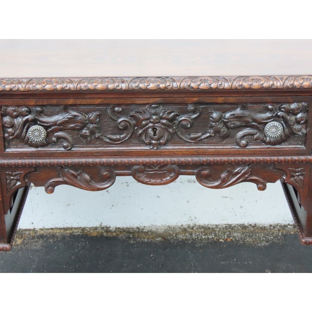 Wood Late 1800s Victorian Large Heavy Hand Carved Cherub Partner Desk 6656 For Sale - Image 7 of 17