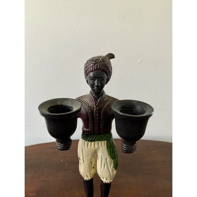 Late 20th Century Pair of Vintage Painted Cast-Iron Figurative Double Candleholders For Sale - Image 5 of 12