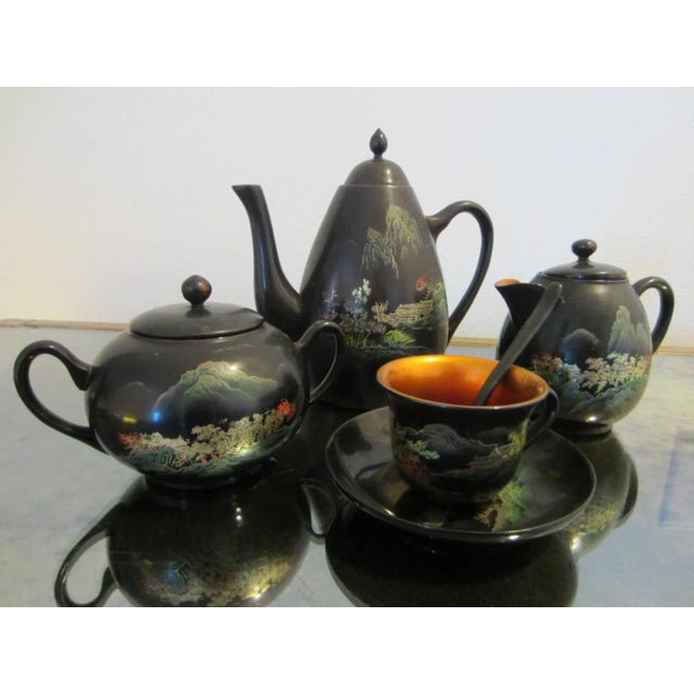Paint Antique Chinoiserie Black and Gold Hand Painted Lacquer Tea Set- 18 Pieces For Sale - Image 7 of 17