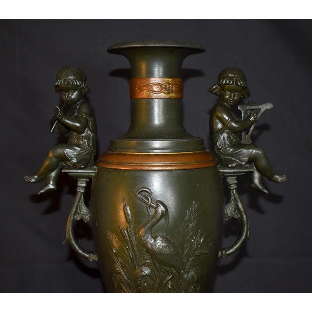 Metal Vintage Mixed Metal Vase French Style Urn With Figural Cherubs and Cranes For Sale - Image 7 of 17