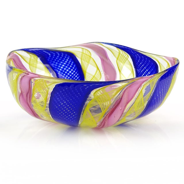 Art Deco Murano Vintage Cobalt Blue Pink Yellow Zafirico Ribbons Italian Art Glass Trinket Jewelry Ring Dish For Sale - Image 3 of 7
